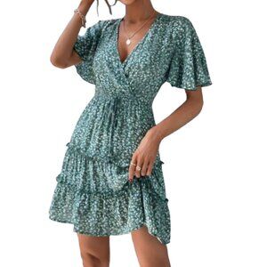 SHEIN Green Ditsy Floral Print Dress Ruffle Tiered Short Flutter Sleeves
